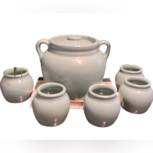 Other - Vintage Glazed Pottery Bean Chili-Soup lg Pot w/6 crocks Signed USA Blue Green
